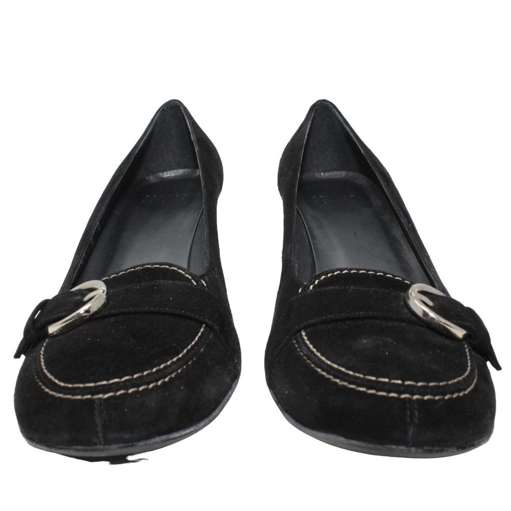 Stuart Weitzman Size 9M Black Suede Leather Madeline Buckle Detail Kitten Heels - Picture 3 of 11